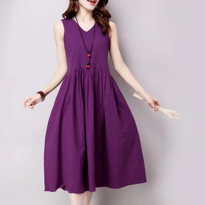 

Summer 2017 New Female V-neck Cotton Linen Loose Sleeveless Vest Dress Women Solid Color Vintage Long Dresses