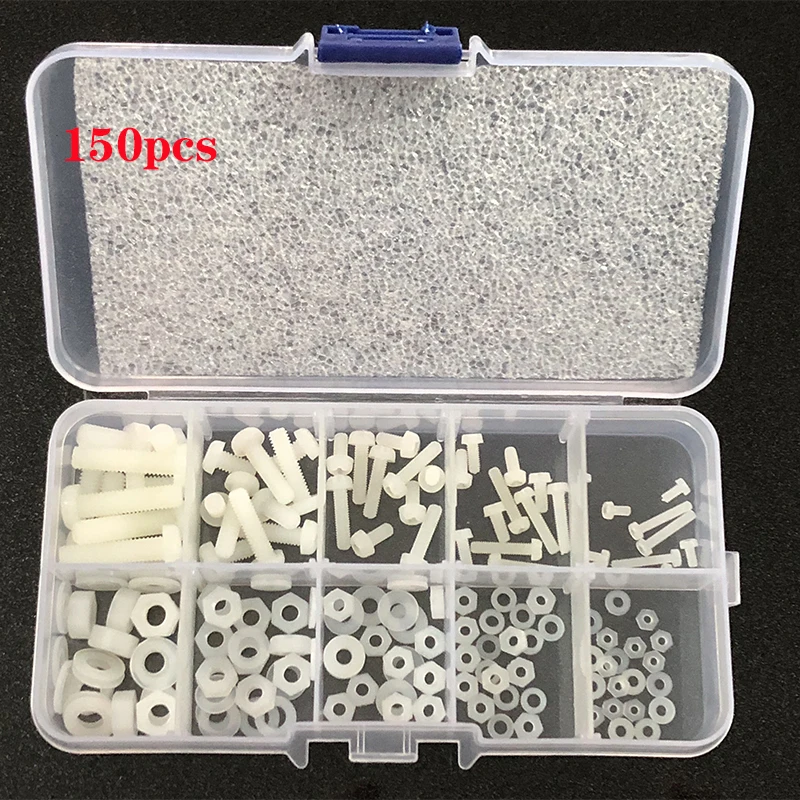 

150pcs White Nylon Hex Screw Bolt Nut Standoff Spacer Kit Non-magnetic with Plastic Box M2 M2.5 M3 M4 M5 Nylon Hex Screw