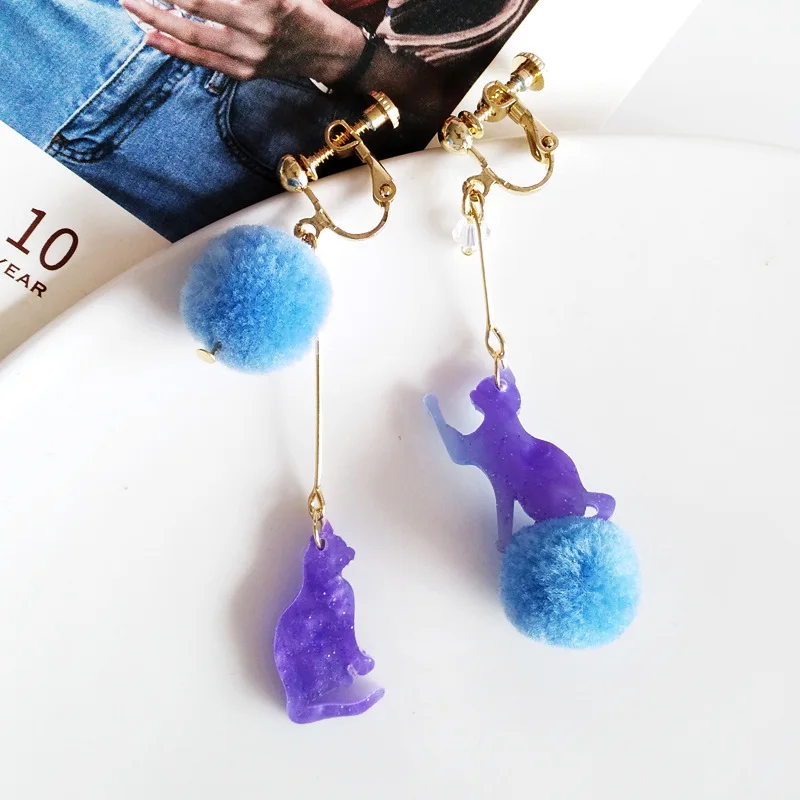 

Cute Cucoloris Silhouette Animal Cat Clip Earring Bobbles Faux Fur Fur Pompon Ball Meow Kitty Cat Clip on Earring No Pierced