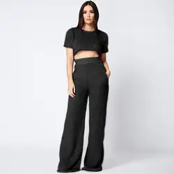 Hirigin Для женщин свитер, Пушистый Короткий рукав Slim Fit Crop Джемпер + широкие брюки свободные штаны комплекты Повседневное клуб устанавливает