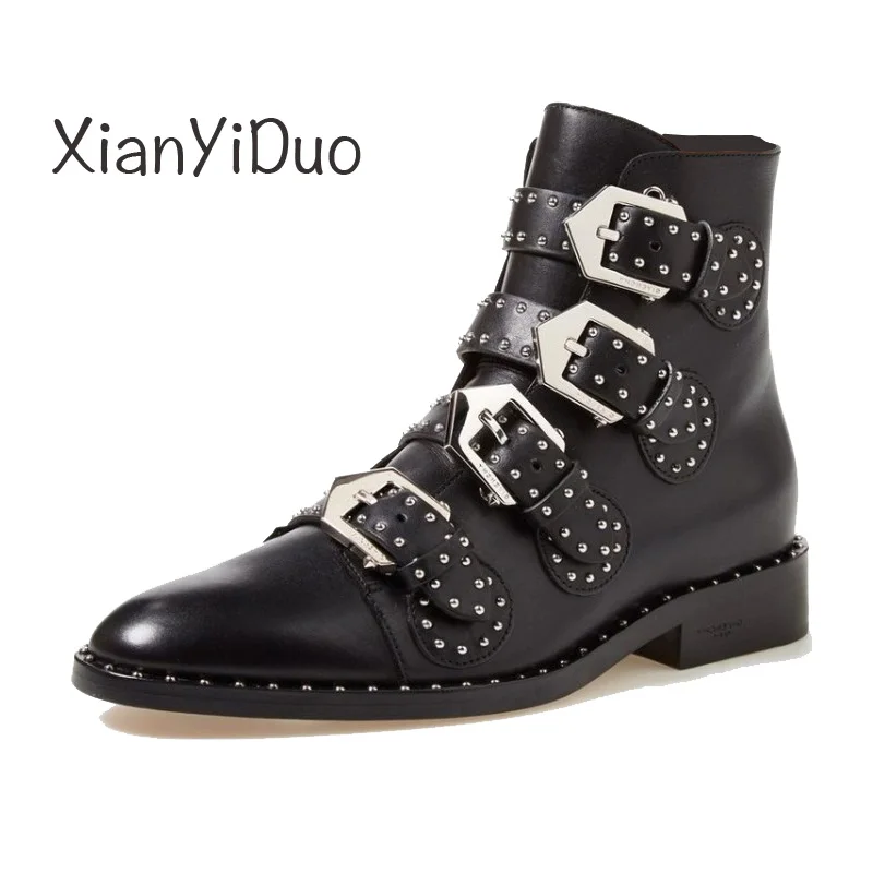 XianYiDuo/Женская обувь модные ботинки с заклепками из натуральной кожи на среднем