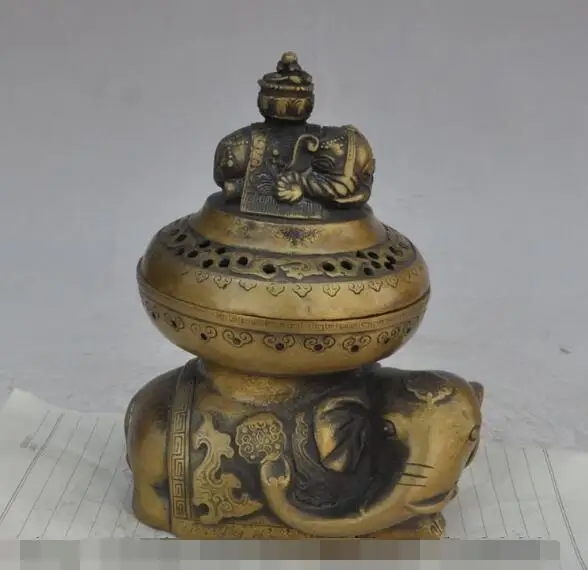 

S6886 7"old china fengshui bronze copper 2 elephant lucky statue Incense Burner censer D0317