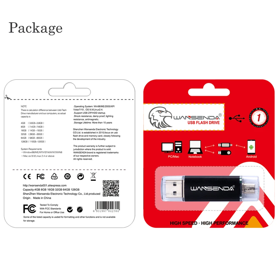 WANSENDA OTG USB флэш накопитель металлический 8 ГБ 16 32 64 Гб 128 256 флешки 2 в 1 Micro usb палка