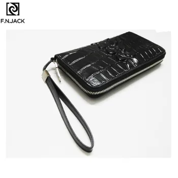 

F.N.JACK Designer Purse Mens Genuine Leather Handbags Crocodile Pattern Cowhide Wallets Long Zipper Bags Male Black Card Wallet