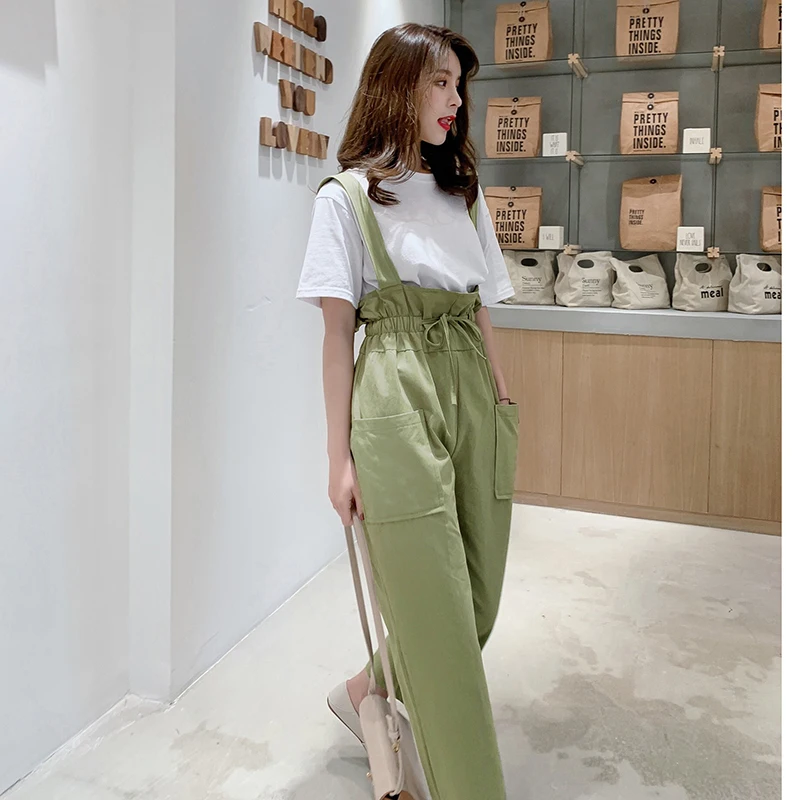 

2 Piece Outfits for Women New High Waist Sling Summer Nine Points Wide Leg Pants Jumpsuit + Short Sleeve Letter T-shirt Female