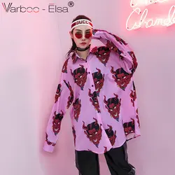 Дьявол глава с принтом рубашка с длинным рукавом Повседневное Для женщин Топы корректирующие Блузки для малышек 2018 Новинка весны розовая