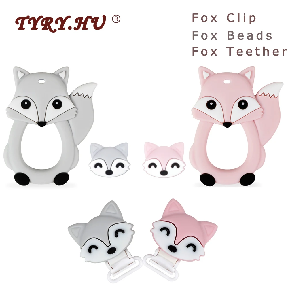 

TYRY.HU 1Pc/5pc Fox Teether Cartoon Silicone Beads Baby Teethers Food Grade Teething Toys Rodents DIY Pacifier Chain Clip Tools