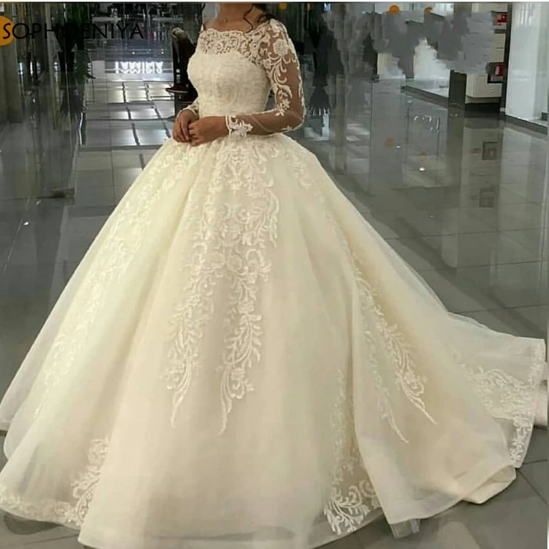 Новое поступление, бальное платье, свадебные платья с длинным рукавом, с аппликацией, кружевное мусульманское свадебное платье, платье для невесты, свадебные платья