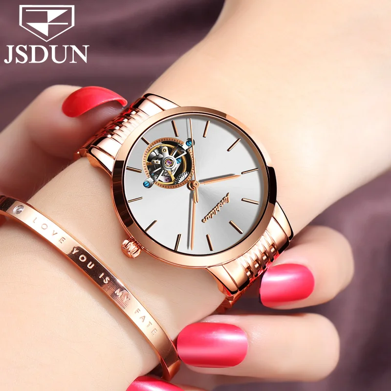 Mechanical watch Golden female watch stainless steel metal JSDUN luxury brand Women's watches Japan automatic movement clock NEW