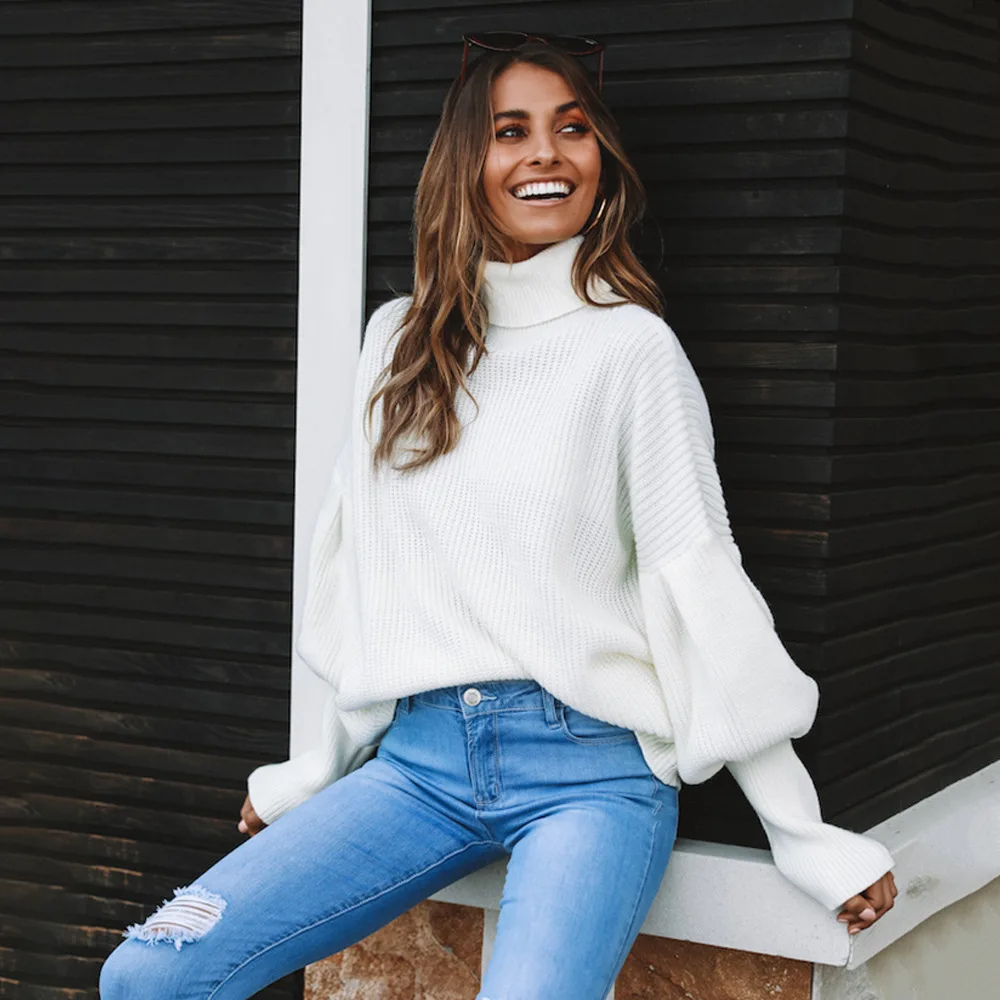 

CHRLEISURE Turtleneck Sweater Women Jumper Pull Streetwear Knitwear Black Turtleneck Lantern Sleeve Sweater Women