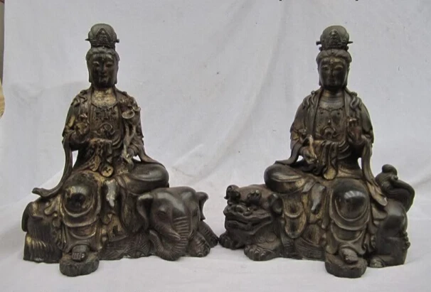 

Collectible bronze lion statue S0958 11 Tibet Buddhism Copper Bronze Manjusri Samantabhadra Bodhisattva GuanYin Pair