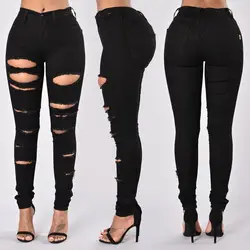 Женские узкие джинсы отверстие 2019 весна джинсы для женщин для повседневное Mid Проблемные черные джинсы