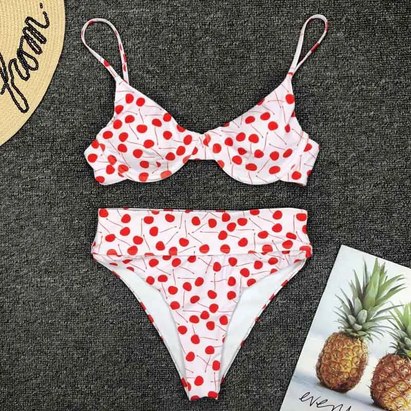 

Swimsuit Women Cherries Print High Waist Bikini 2019 Female Push Up Swimwear Two-pieces Bikini set Underwire Bather Bathing Suit