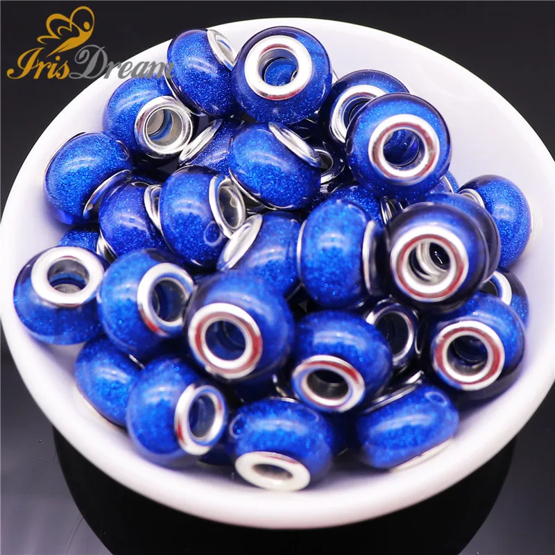10Pcs Rondelle Glitter Round Big Hole Murano Resin Beads Spacer Fit Pandora Bracelet DIY Chain European Beads for Jewelry Making