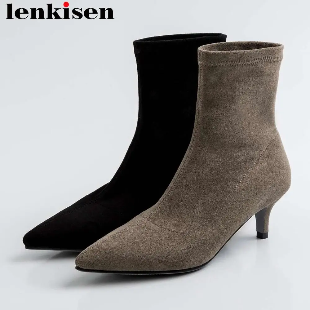 

Lenkisen modern girls concise superstar pointed toe med heels slip on flock ankle boots runway elegant autumn winter boots L01