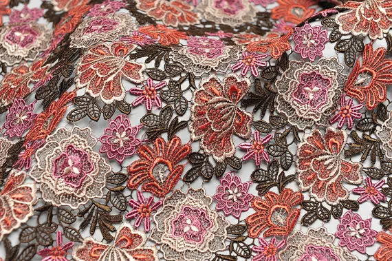 

crocheted lace fabric with red and black floral, colorful embroidery textile fabric 2016 new lace fabrics,