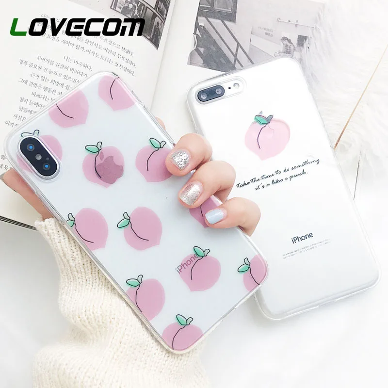

LOVECOM Phone Case For iPhone 5 5S SE 6 6S 7 8 Plus X Cute Summer Fruit Peach Transparent Soft TPU Phone Back Cover Cases Coque