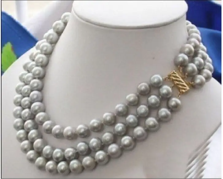 

triple strands AAA 9-10mm natural south sea gray pearl necklace 18 14K Gold Clt (9.13)
