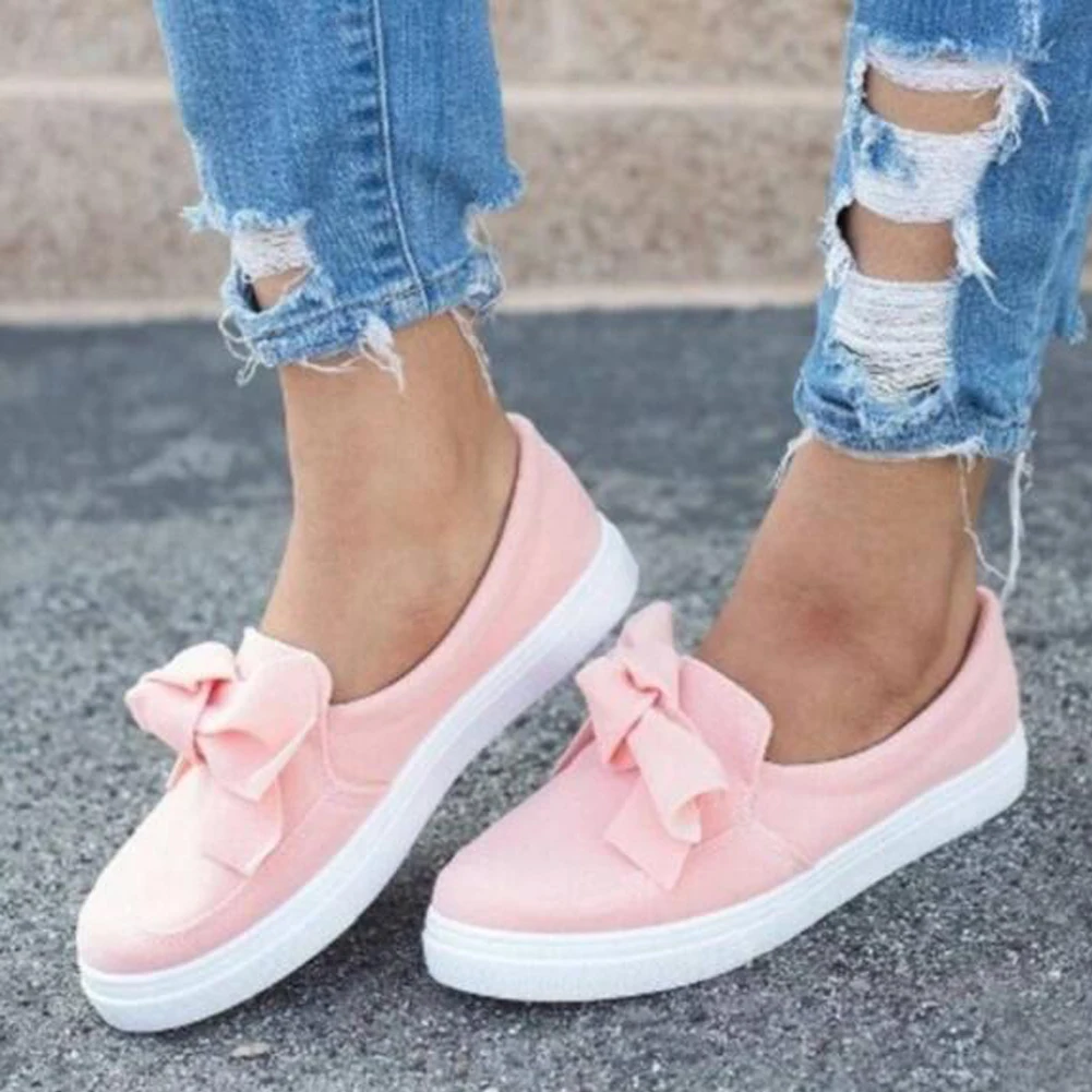 

Women Solid Sneakers Flat Shoes Casual Loafers Canvas Soft Soled Bowknot Decorated