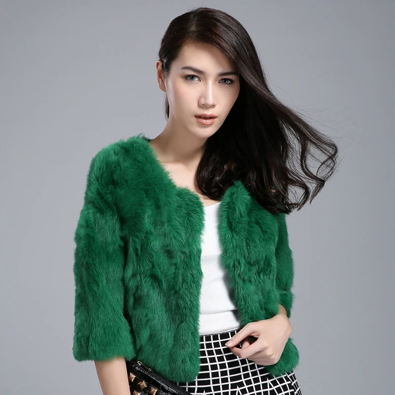 

Real rabbit fur coat outerwear women O neck 3/4 sleeve fur jacket ladies slim coats 2019 autumn and winter