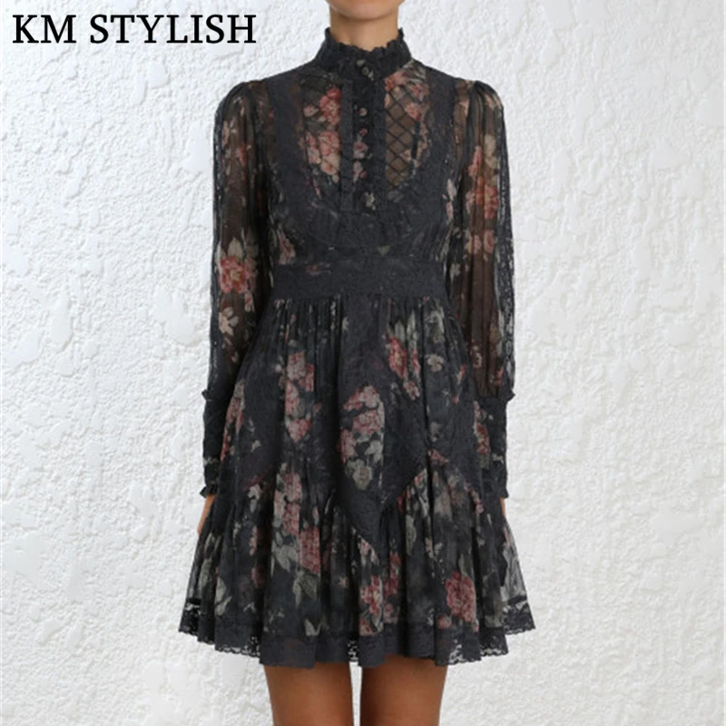 

[IN STOCK] 2019 Early Autumn New Australian Tide Brand Vintage Stand Collar Print Lace Panel Chiffon Long Sleeve Dress