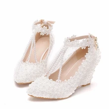 Woman Shoes Wedges Heels Wedding Bridal Crystal Bride Bridesmaid Lady Evening Prom Party Dress Pumps White Pumps XY-A0313 hc1621 women shoes bridal wedding white ivory buckle closed toe block low heels satin lady bride bridesmaids prom dress pumps