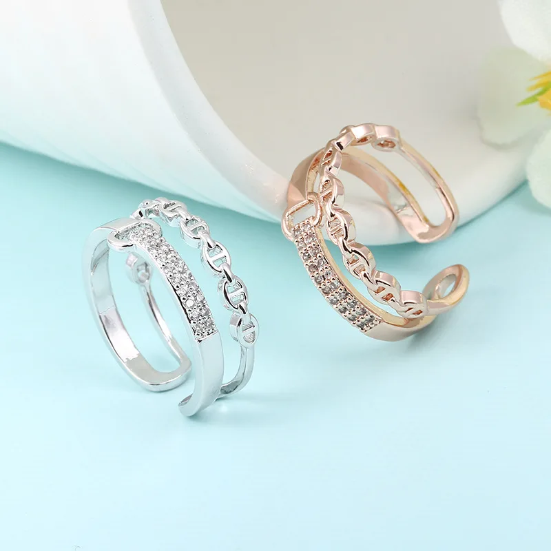 MIGGA дизайн открытия Двухслойное модное кольцо полые геометрические женские кольца кубический цирконий ювелирные изделия