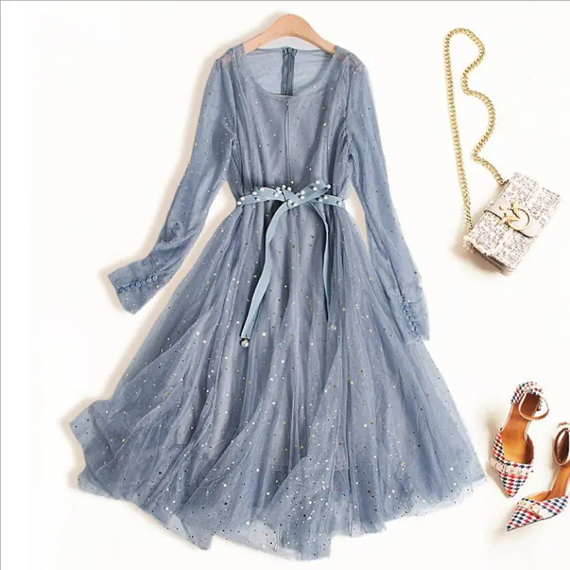 

New 2019 Spring Summer Long Dress High Quality Women Round Collar Star Mesh Pearl Belted Long Sleeve Mid Dress Events