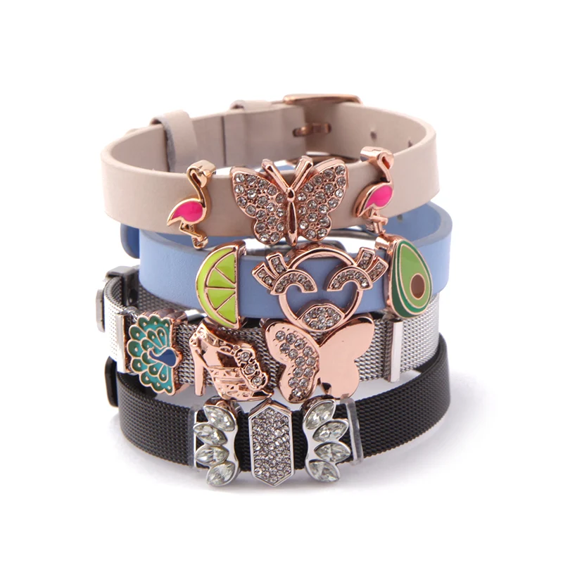 

SANSHOOR Mixed Leather&Mesh 4 Bracelet sets Lovely Charms Sparkling Butterfly Pink Flamingo High Heel Papaya fit 10mm Bracelet