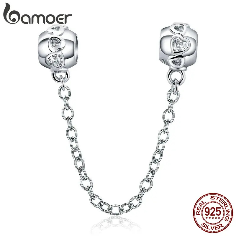 BAMOER Genuine 100% 925 Sterling Silver Romantic Heart Safety Chain Charm fit Women Charm Bracelets DIY Jewelry Making SCC736