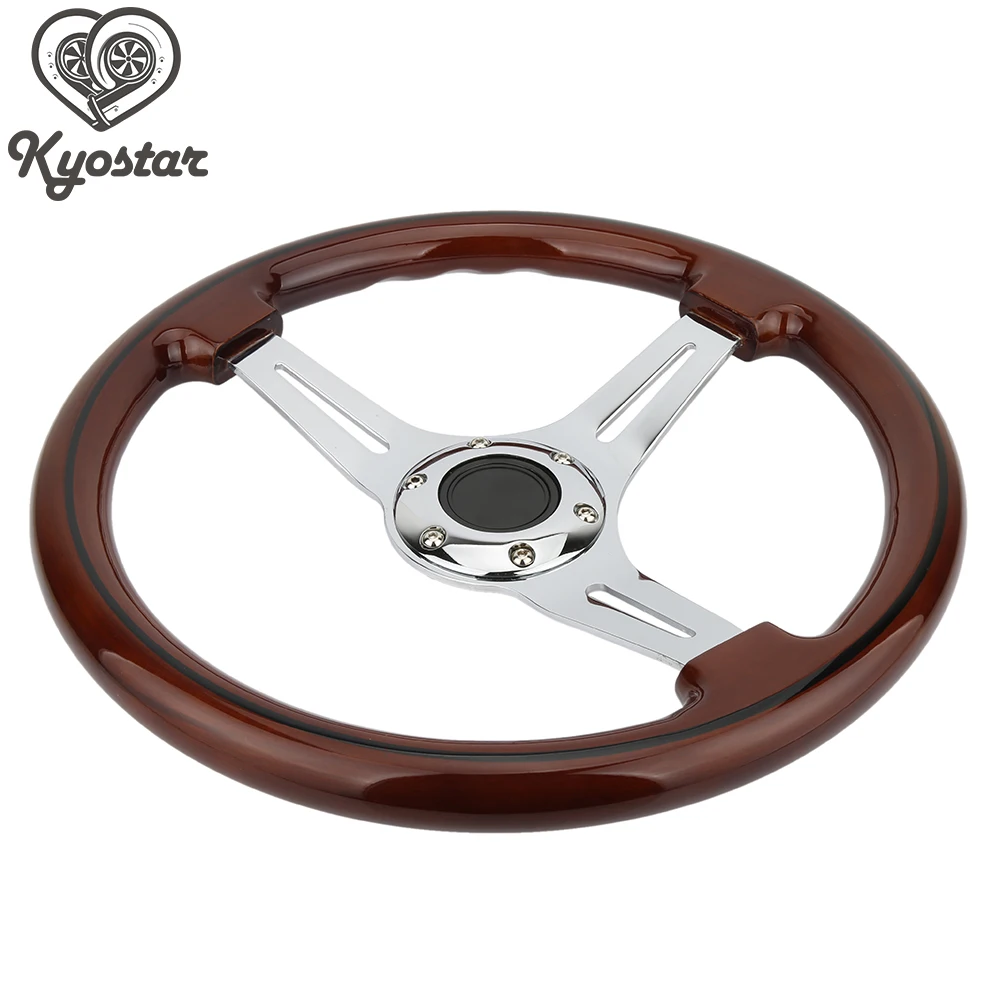 

350mm Brown Wood Grain Steering Wheel 14" Racing Car Wood Steering Wheel with Chrome Silver Spoke Universal