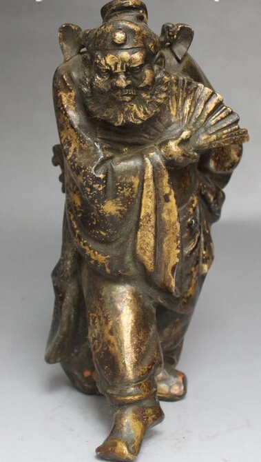 

9" Chinese Old Bronze Zhong Kui ChungKuel God Demon Devil Hold Fan Statue R0711