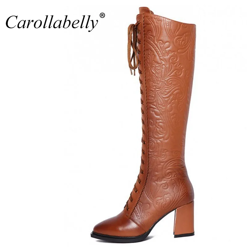 mid calf high heel leather boots