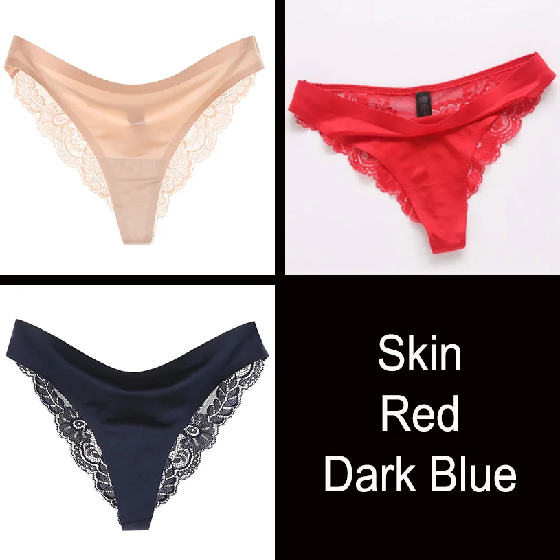 3pcs/lot Sexy Lace Thongs Women Ice Slick G String Female Underwear Low Waist Solid Seamless Panties Ladies Briefs DULASI - Color: Skin Red D-Blue