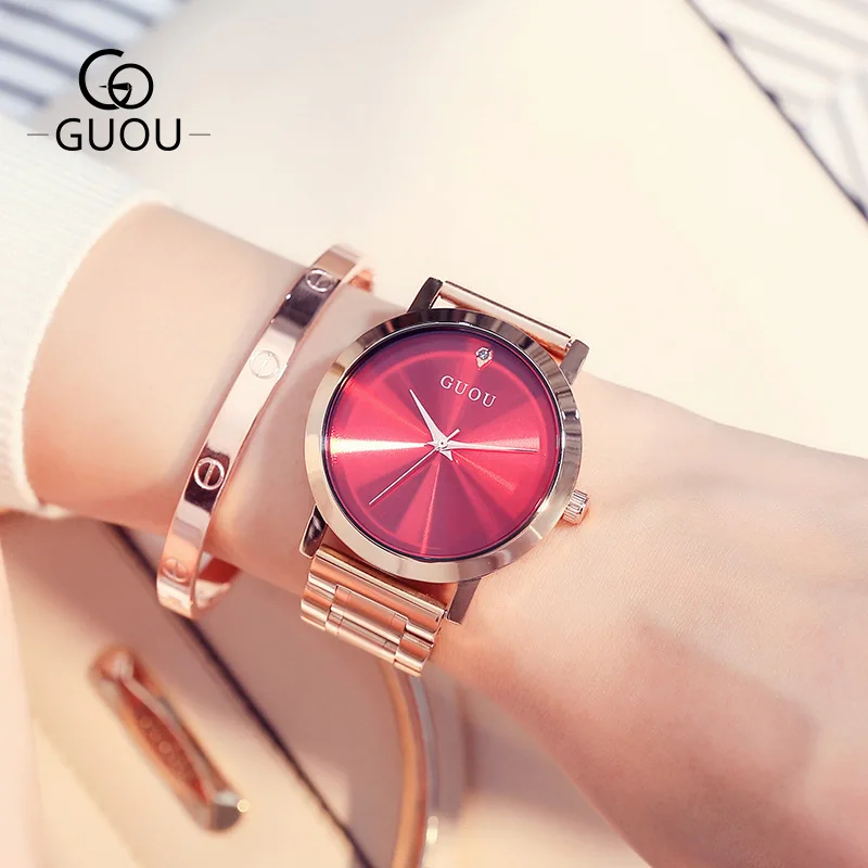  Luxury GUOU Janpanese Core Rose Gold Full Stainless Steel No Fade Analog Quartz Women Ladies Weddin