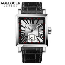 AGELCOER Swiss Men Wrist Watch Square Water Sport Watches 5ATM Waterproof Genuine Leather Clock Male Automatic