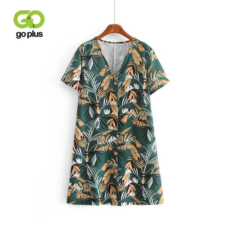 

GOPLUS Dress Women Vintage Sexy V-neck Print Buttons Short Sleeve Summer Mini Dresses 2019 Beach Party Ropa Mujer Vestido C7522