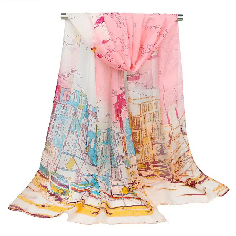 

Summer Scarves Woman 2018 Thin Chiffon Scarf Sailboat Oil Painting Silk Scarf Colorblock Gradient Long Section hijab Beach Towel