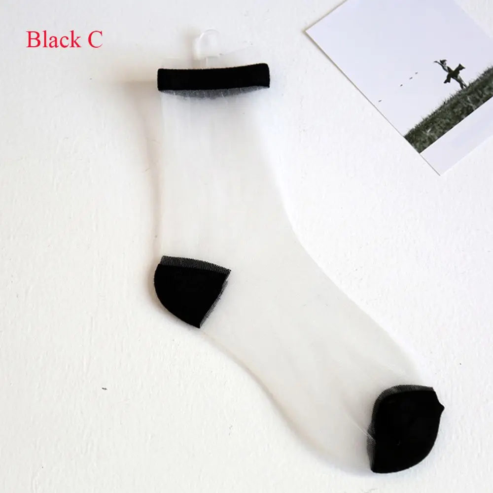 1 pair New Sheer Mesh Glass Silk Socks Ultrathin Transparent Stretch Elasticity Lace Net Yarn Thin Summer Socks For Women - Color: black C