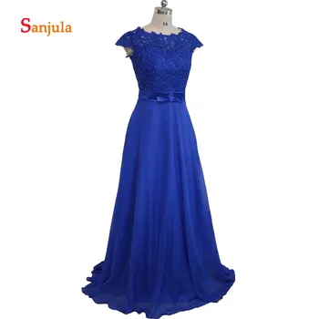 

Blue Chiffon Mother's Dresses Scoop A-Line Lace Appliques Pearls Bow Waist Mother of the Bride Dresses Elegant Formal Wear D40