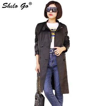 

SHILO GO Leather Trench Womens Spring Fashion sheepskin genuine leather long coat lapel collar double breasted Casual coat
