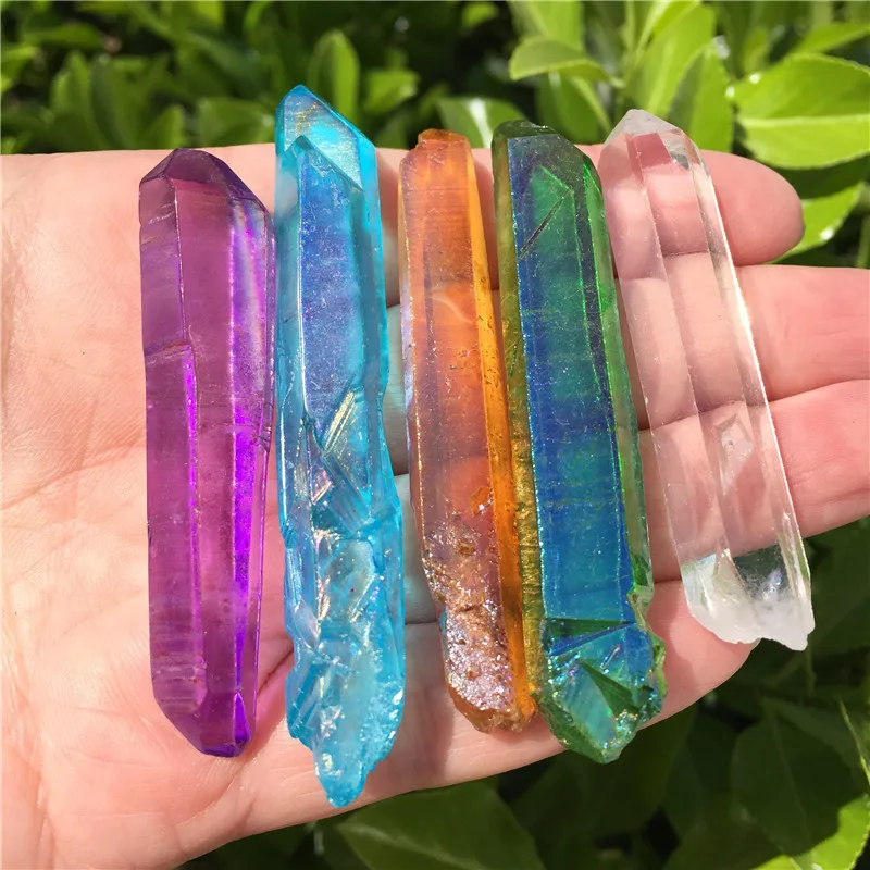 

5pcs Aura Quartz Crystal Point Rainbow Titanium Treated Quartz Wand Natural Quartz Crystal Minerals Jewerly Accessory DIY Gift