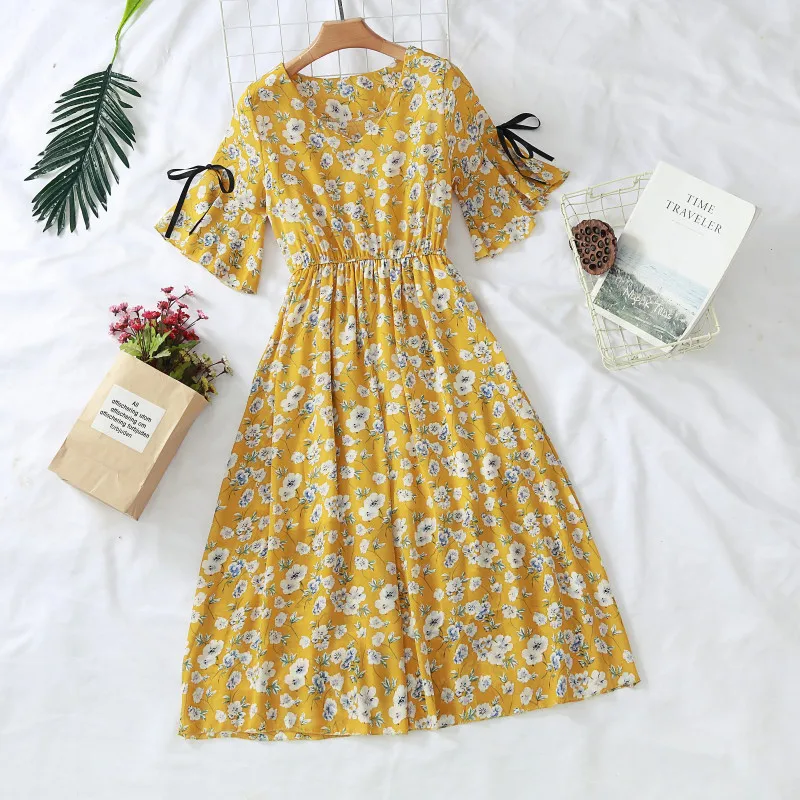 

2019 New Women Summer Floral Print Dress Flare Sleeve Chiffon Split Dress Casual High Waist Ruffles Dress Female Vestidos DS101