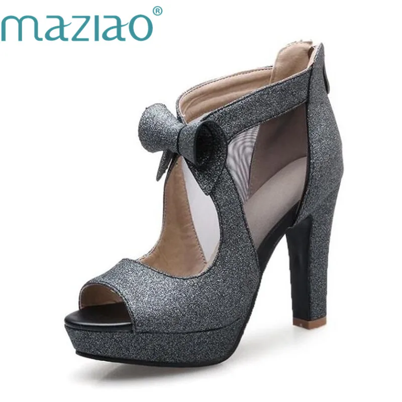

MAZIAO Women Shoes High Heels Platform Shoes Bow Peep Toe Pumps Sexy High Heel Party Shoes Silver Size 33-43 sapatos femininos
