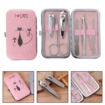 

7Pcs/set I Love Cats Pattern Box Pedicure Manicure Set Nail Clippers Cleaner Cuticle Grooming Case Cute Fashion Travel set New
