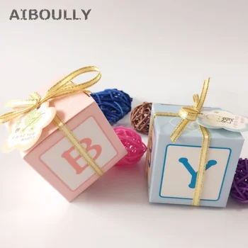 

50pcs/pack DIY Pink Blue Lovely Shower Baby Candy Box Letter BABY Printed Gift Box Golden Ribbon Card for Kids Party Christmas