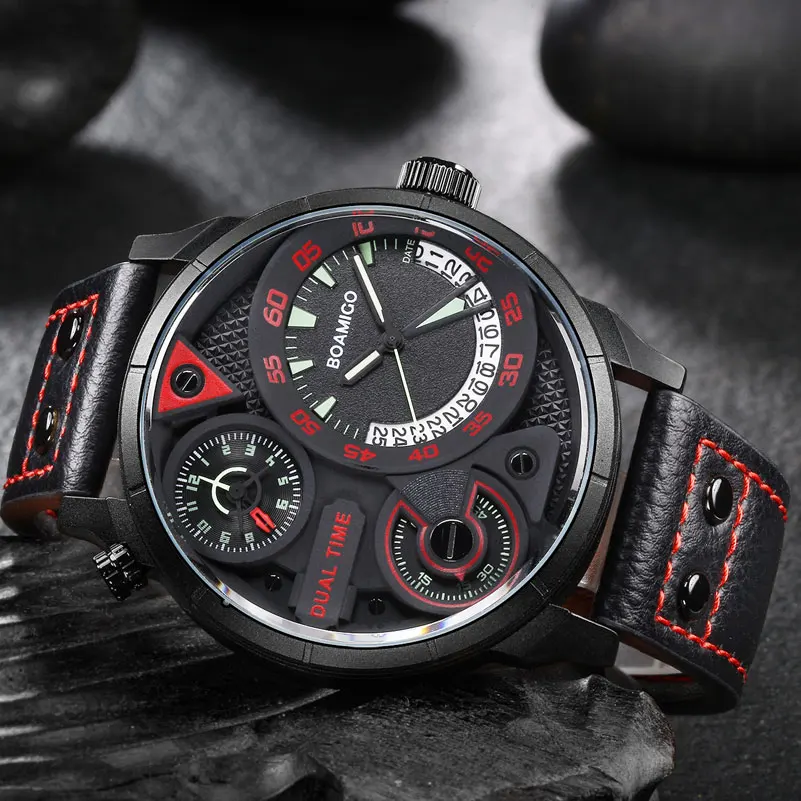 Мужские спортивные часы BOAMIGO брендовые Роскошные Мужские кварцевые часы кожа с двойным временем наручные часы 30 м водонепроницаемые часы relogio masculino