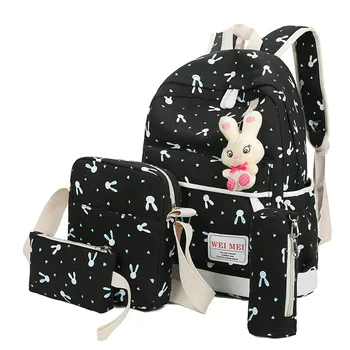 

4 Pcs/set Preppy Style Canvas Backpack Women School Knapsack Teenagers Student Casual Shoulder Bag Girls Travel Rucksack