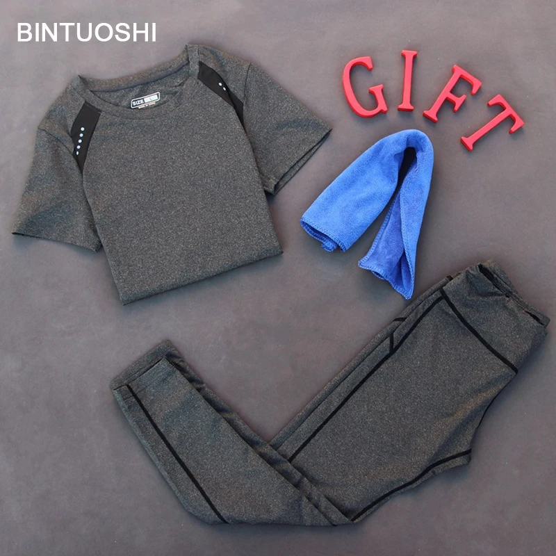 

BINTUOSHI Running Sport Suits Women Yoga Sets Yoga T-Shirt Tops & Pants Tracksuit Tights Jogging Sportswear Workout Fitness Set