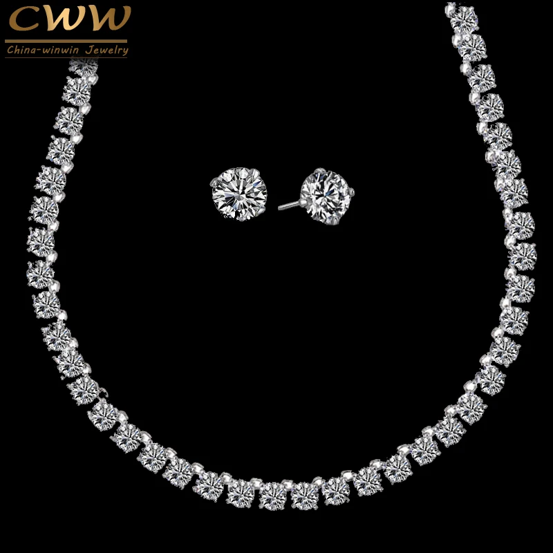 

Super Spark Big Carat Round CZ Diamond Crystal Necklace and Earrings Bridal Party Jewelry Set For Wedding Evening (T061)